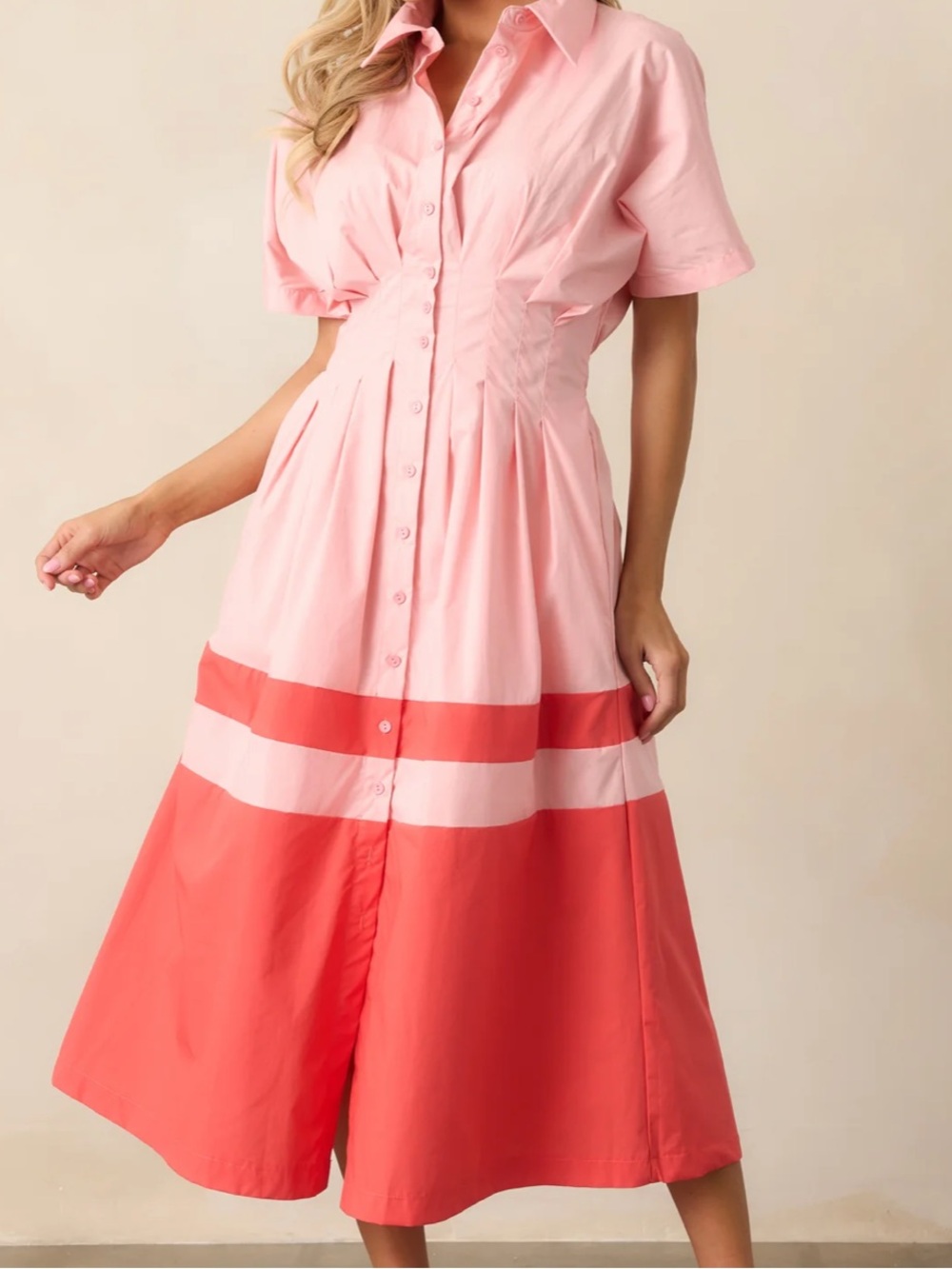 Umgee Women's Pink Colorblock Button-Front Midi Dress NWT